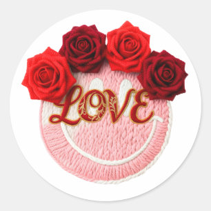 Knit Smiley Face Red Rose Love Valentine Floral T- Classic Round Sticker