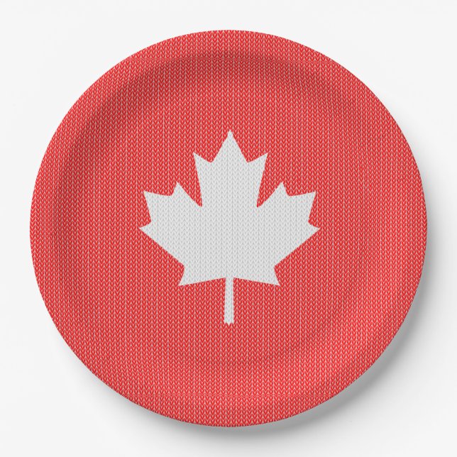 Knit Style Maple Leaf Knitting Motif Paper Plates (Front)
