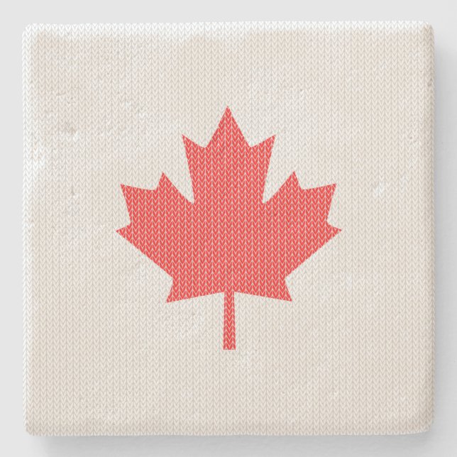 Knit Style Maple Leaf Knitting Motif Stone Coaster (Front)