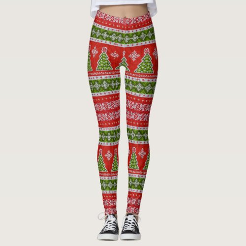 Knit Sweater look Red White and Green Christmas Leggings