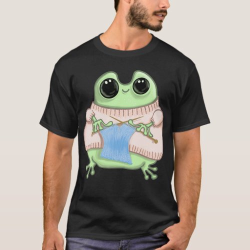 Knit with me Knitting Frog in a peach turtleneck T_Shirt
