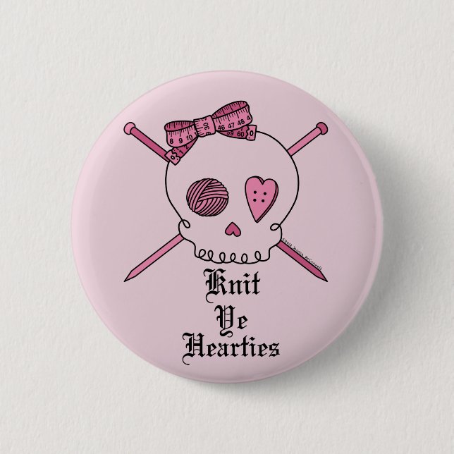 Knit Ye Hearties (Pink Background) Pinback Button (Front)