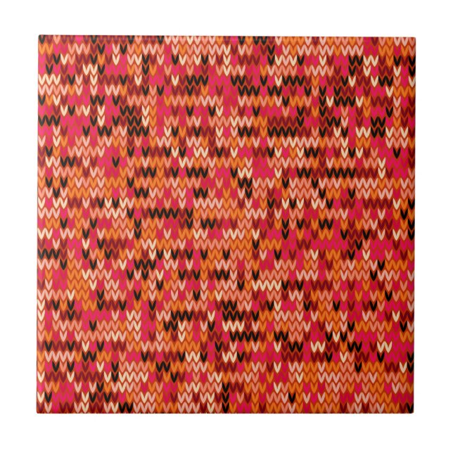 Knitted abstract Scandinavian pattern in red shade Ceramic Tile (Front)