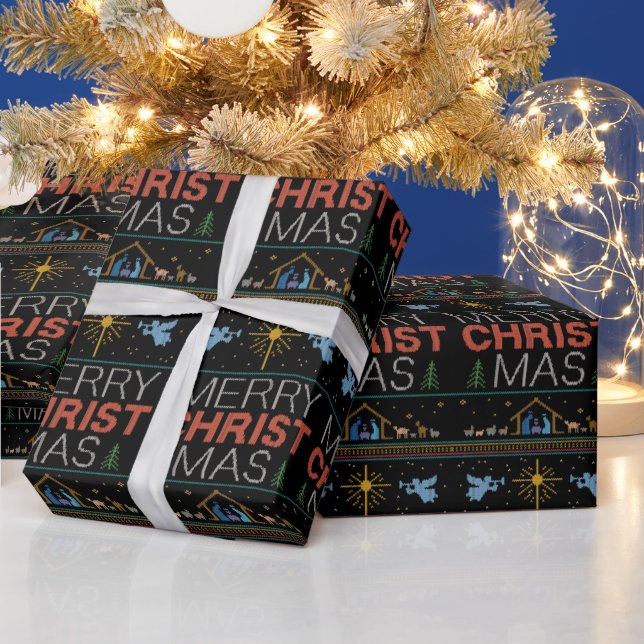 Knitted Christian Merry Christmas Christian Wrapping Paper (Holidays)
