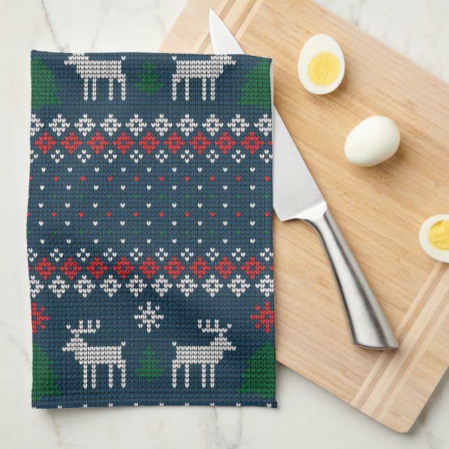 Knitted Christmas Deer Pine Tree Family Kitchen Towel (Quarter Fold)