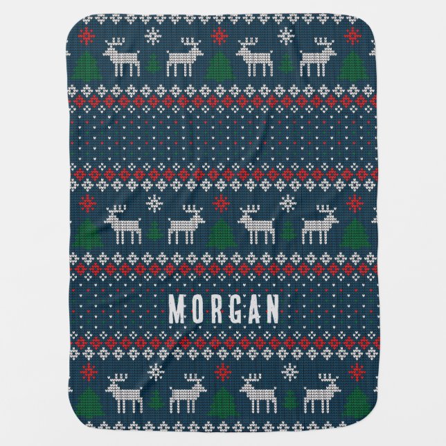 Knitted Christmas Deer Pine Tree Personalized Baby Blanket (Front)