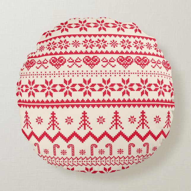 Knitted christmas pattern round pillow  (Front)