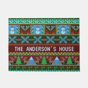 Knitted Christmas Reindeer Snowmen Family Name Doormat