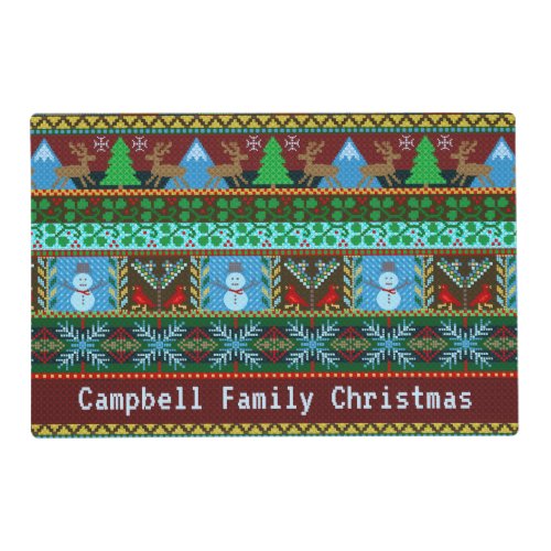 Knitted Christmas Reindeer Snowmen  Family Name Placemat