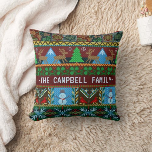 Knitted Christmas Reindeer Snowmen  Family Name Throw Pillow