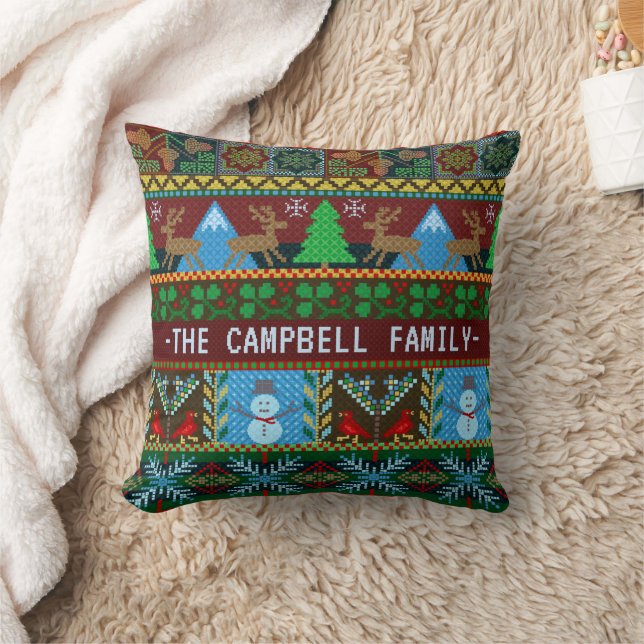 Knitted Christmas Reindeer Snowmen | Family Name Throw Pillow (Blanket)