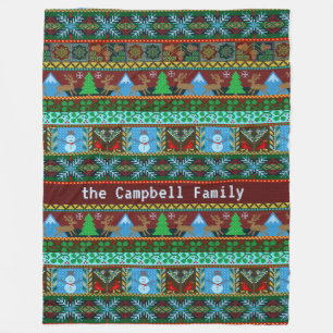 Knitted Christmas Snowmen Reindeer Family Name Fleece Blanket