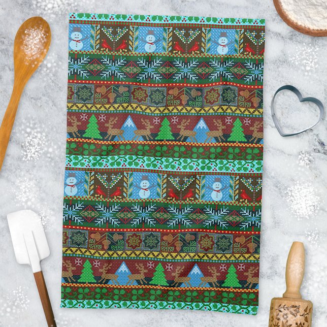 Knitted Christmas Snowmen Reindeer Winter Pattern Kitchen Towel (Creator Uploaded)