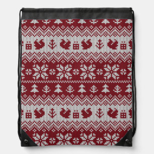 Knitted, Christmas, squirrels, vintage pattern. Drawstring Bag