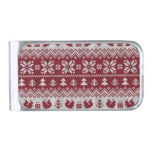 Knitted, Christmas, squirrels, vintage pattern. Silver Finish Money Clip