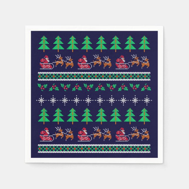 Knitted Christmas Sweater Pattern on Navy Blue Napkins (Front)