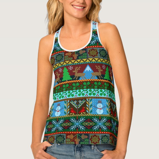 Knitted Christmas Sweater Pattern Reindeer Holiday Tank Top (Front)