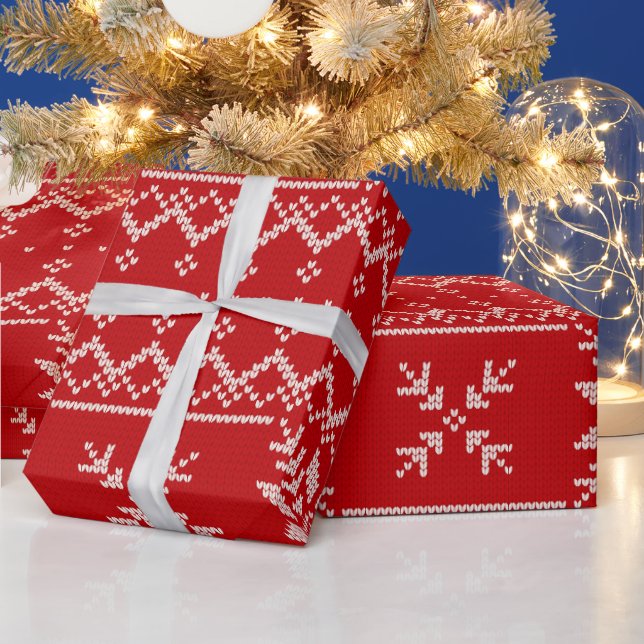 Knitted Christmas Sweater Red Poinsettia Holiday Wrapping Paper (Holidays)