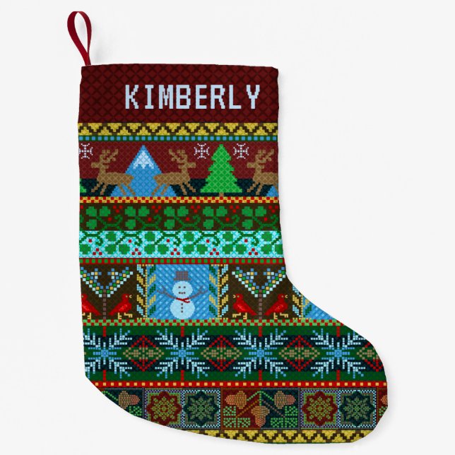 Knitted Christmas Sweater Reindeer Snowman | Name Small Christmas Stocking (Front)