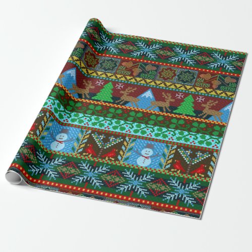 Knitted Christmas Sweater Snowmen Reindeer Holiday Wrapping Paper