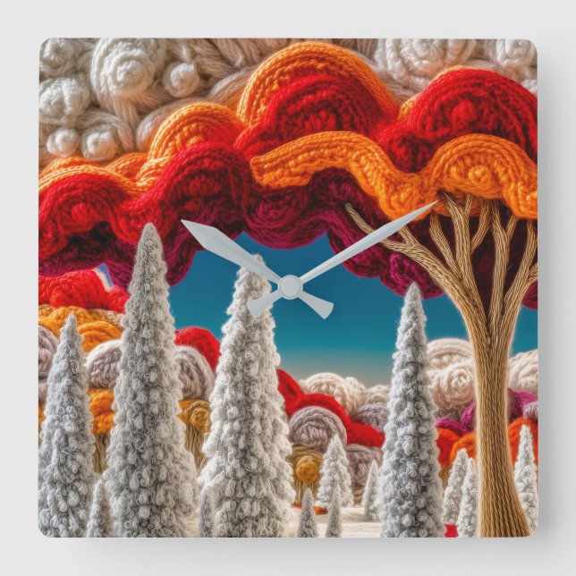Knitted Fantasy Forest Art Wall  Square Wall Clock (Front)