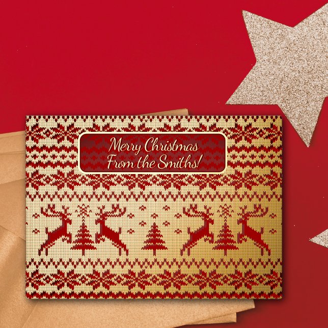 Knitted Gold Deers and Christmas trees on red bg Foil Invitation (Creator Uploaded)