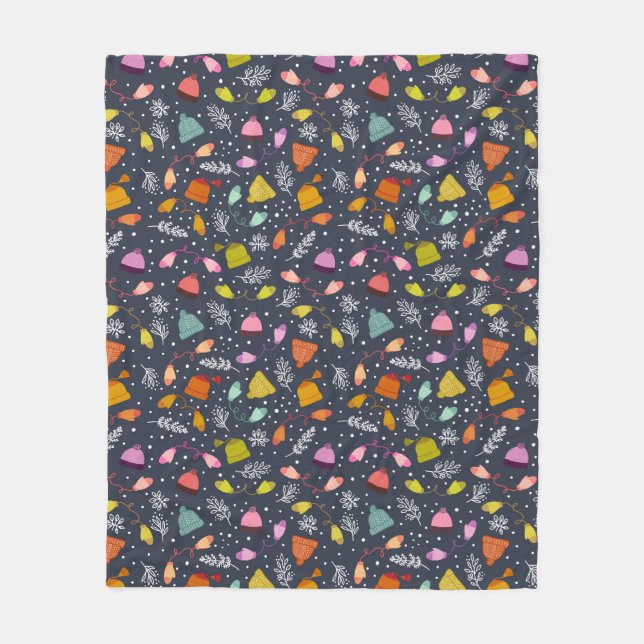 Knitted Hats and Mittens Dark Blue Winter Pattern Fleece Blanket (Front)