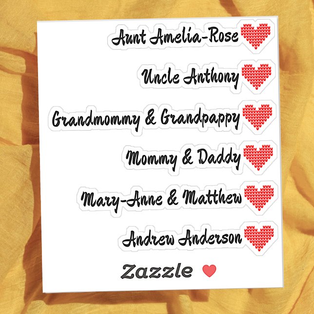 Knitted Heart Symbol Custom Guest List 6 Names Sticker (Creator Uploaded)