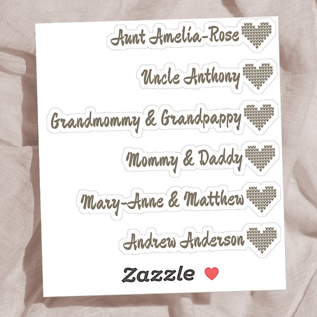 Knitted Heart Symbol Custom Guest List 6 Names Sticker (Creator Uploaded)