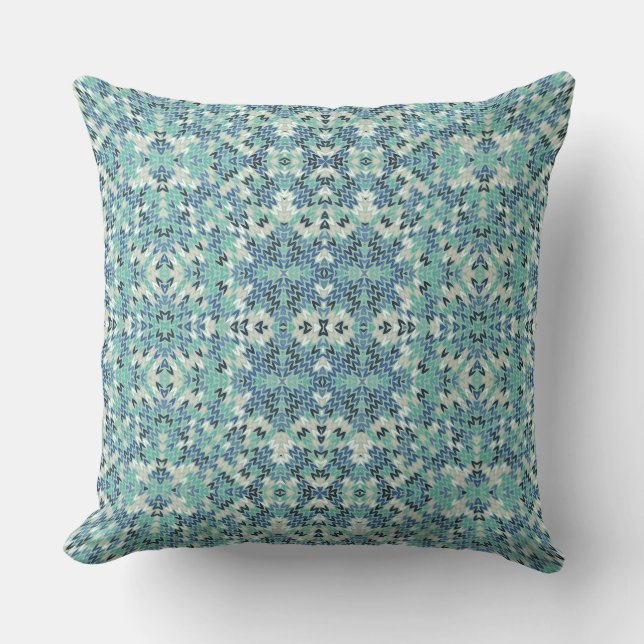 knitted knitwear geometric ornament blue, turquois outdoor pillow (Front)