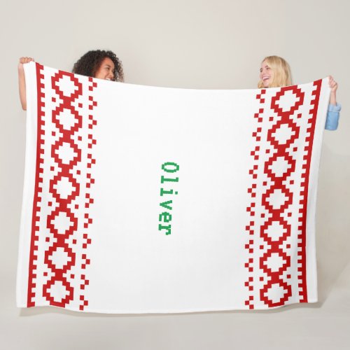 Knitted Look White with Red Pattern Borders Cozy F Fleece Blanket