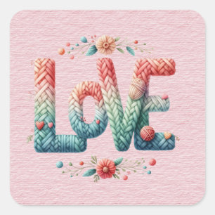 Knitted LOVE Word Blue to Pink Gradient Square Sticker