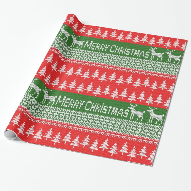 Knitted "Merry Christmas" pattern Wrapping Paper (Unrolled)