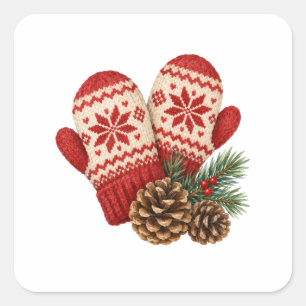 Knitted Mittens and Pinecones Square Sticker