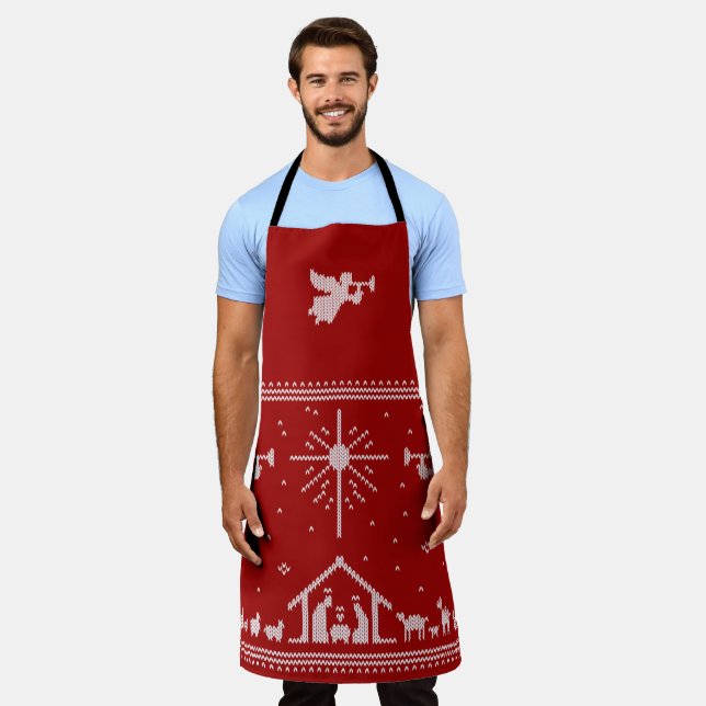 Knitted Nativity & Angels Christmas Christian Red Apron (Worn)
