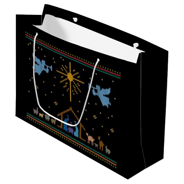 Knitted Nativity Ugly Christmas Sweater Christian Large Gift Bag (Front Angled)