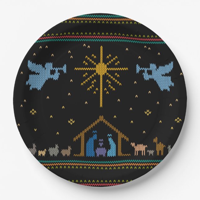 Knitted Nativity Ugly Christmas Sweater Christian Paper Plates (Front)
