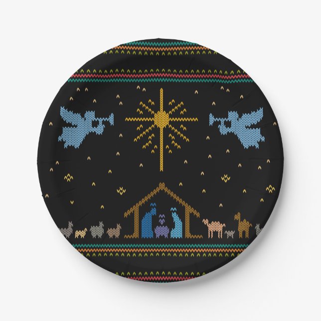 Knitted Nativity Ugly Christmas Sweater Christian Paper Plates (Front)