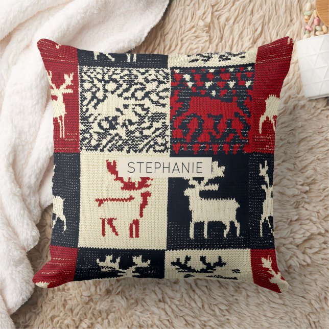 Knitted Patchwork Christmas Pattern | Rustic Throw Pillow (Blanket)