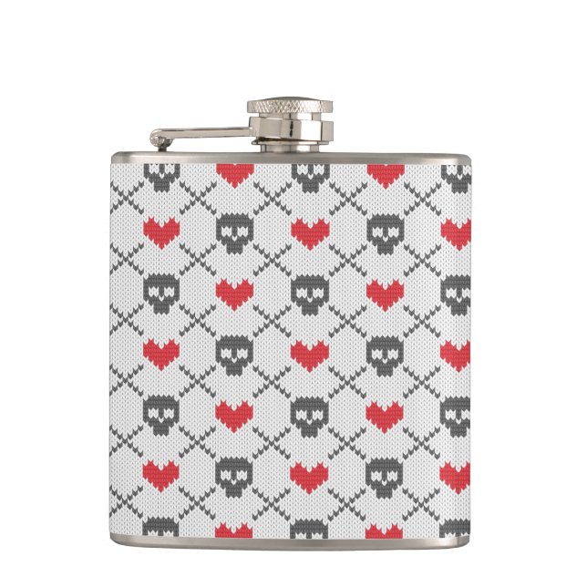 Knitted pattern with skulls hip flask (Front)