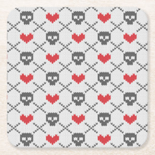 Knitted pattern with skulls square paper coaster