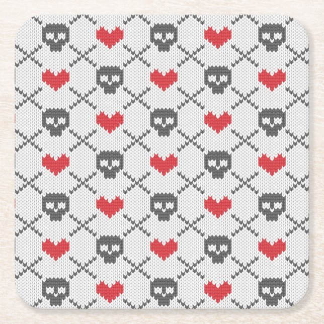 Knitted pattern with skulls square paper coaster (Front)