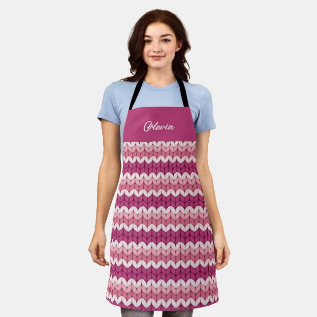 Knitted Pink Zig Zag Notebook Apron (Worn)