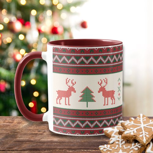 Knitted Reindeer Christmas Tree Pattern  Holiday Mug