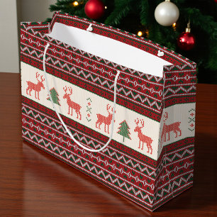 Knitted Reindeer Christmas Tree Pattern Holidays Large Gift Bag