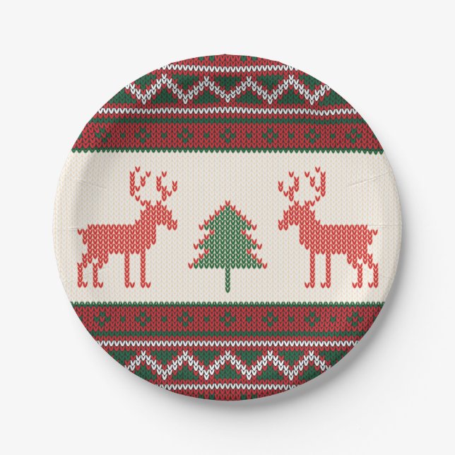 Knitted Reindeer Christmas Tree Pattern | Holidays Paper Plates (Front)
