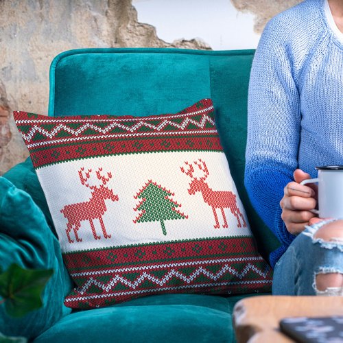 Knitted Reindeer Christmas Tree Pattern  Holidays Throw Pillow