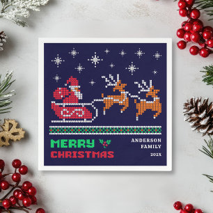 Knitted Santa Sleigh on Navy Blue Merry Christmas Napkins