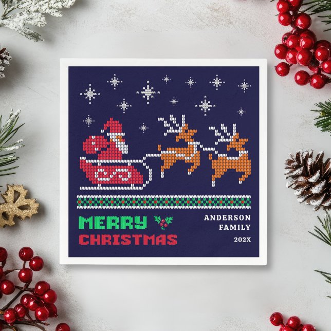 Knitted Santa Sleigh on Navy Blue Merry Christmas  Napkins (Creator Uploaded)