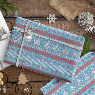 Knitted Stitch 10 Christmas Trees Blue ID208 Wrapping Paper